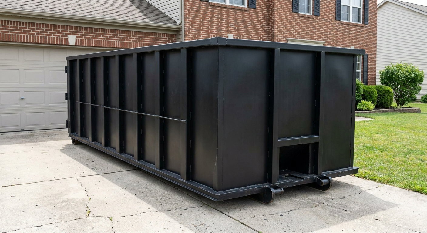 Matte-black 20-yard roll-off container on a Montebello residential concrete driveway with reinforced ribbed steel sidewalls and a hinged rear walk-in door, clean bright daylight.