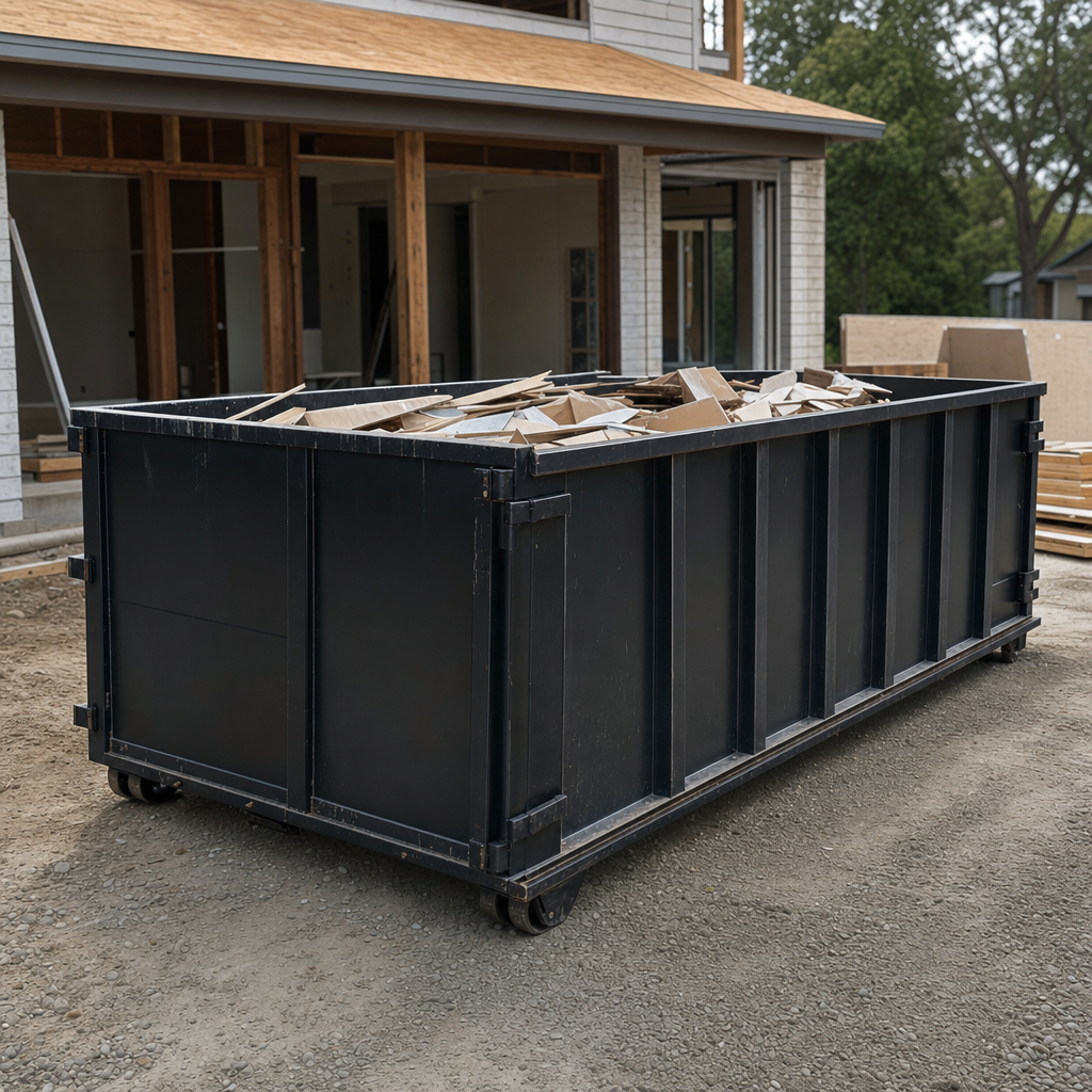 Large matte-black 30-yard construction roll-off dumpster at an active Montebello jobsite, steel-gray top rails and bottom rollers visible, loaded with construction debris.