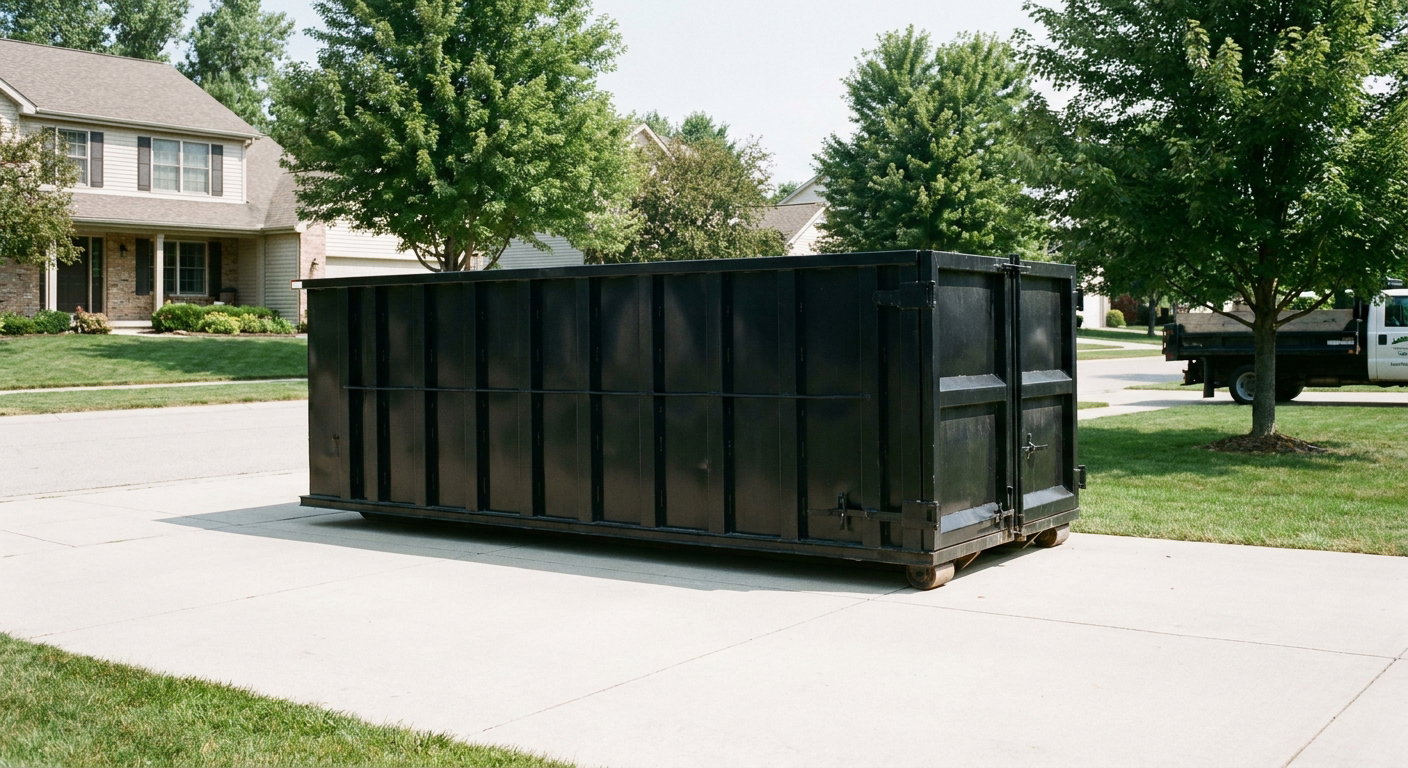 Matte-black 20-yard roll-off dumpster sitting level on a clean Montebello residential concrete driveway under bright daylight, demonstrating clean placement directly on the concrete.