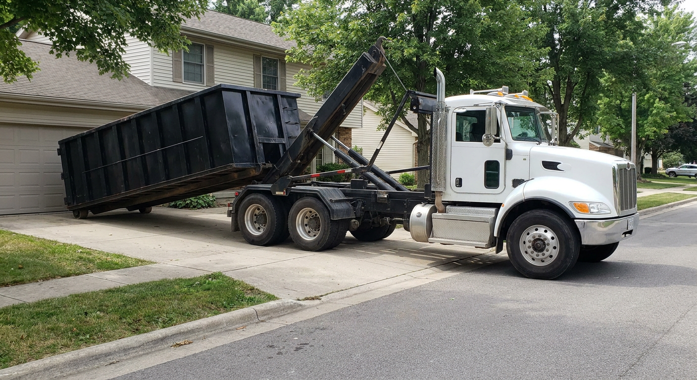 White-cab hooklift roll-off truck actively lowering a matte-black dumpster onto a Montebello residential concrete driveway, the dumpster's rear wheels touching the driveway as the hoist arm tilts the bed forward, mid-morning daylight.