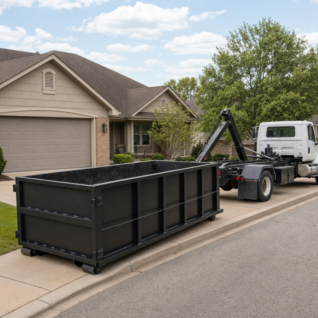 Wide documentary shot of a matte-black roll-off dumpster on a Montebello residential driveway in the foreground and a contractor jobsite container in the soft-focus background, bright daylight, calm and orderly composition.